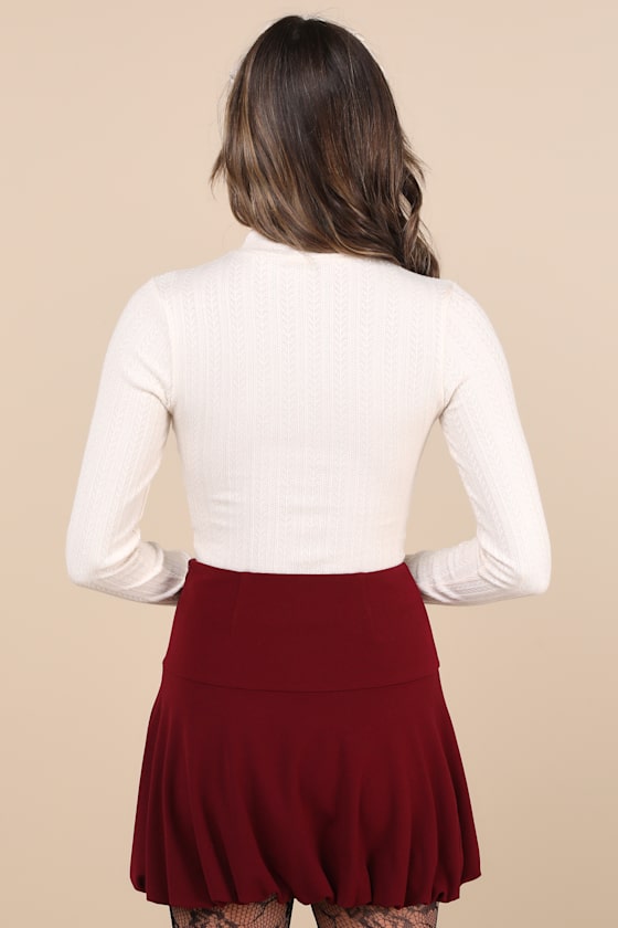 Exceptionally Aesthetic Wine Red High-Rise Bubble-Hem Mini Skirt