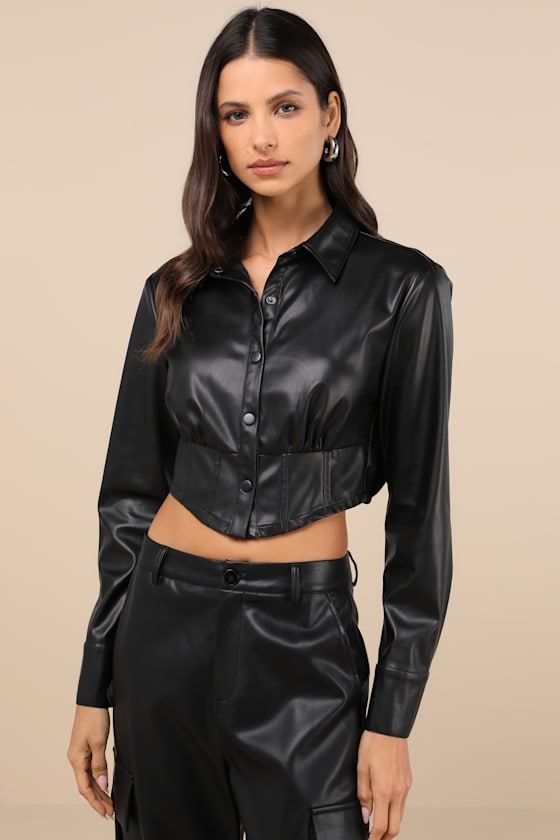 Exceptionally Intriguing Black Vegan Leather Button-Front Top