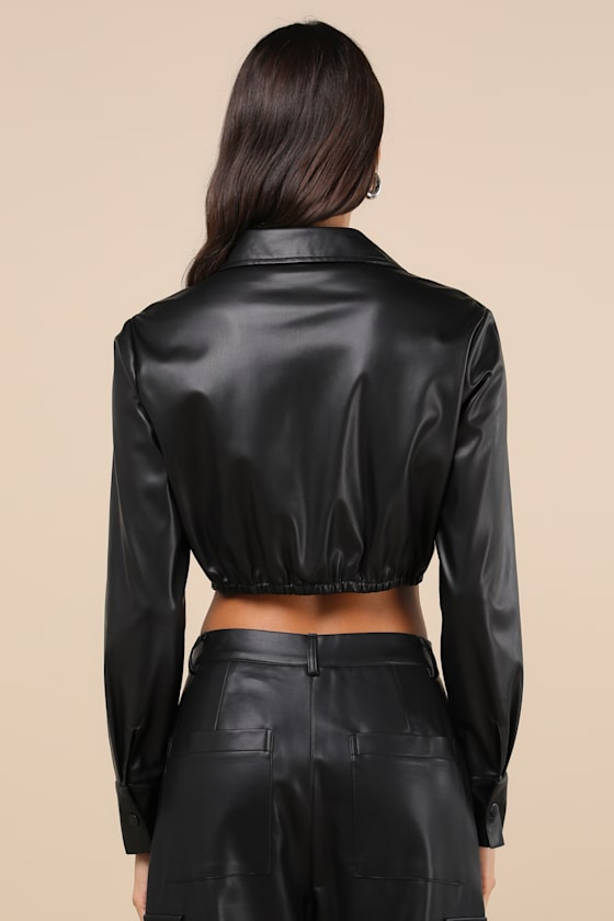 Exceptionally Intriguing Black Vegan Leather Button-Front Top