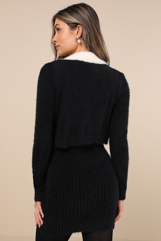 Splendid Duo Black Eyelash Knit Two-Piece Dress & Cardigan Set
