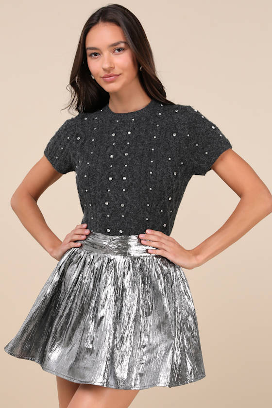 Celebrated Shine Silver Metallic Mini Skirt
