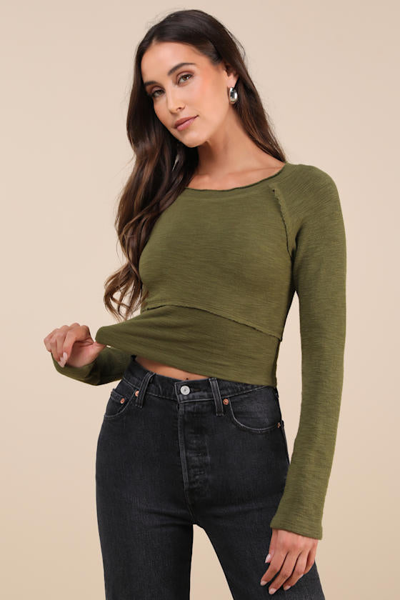 Easy Energy Olive Green Knit Raglan Sleeve Crop Top