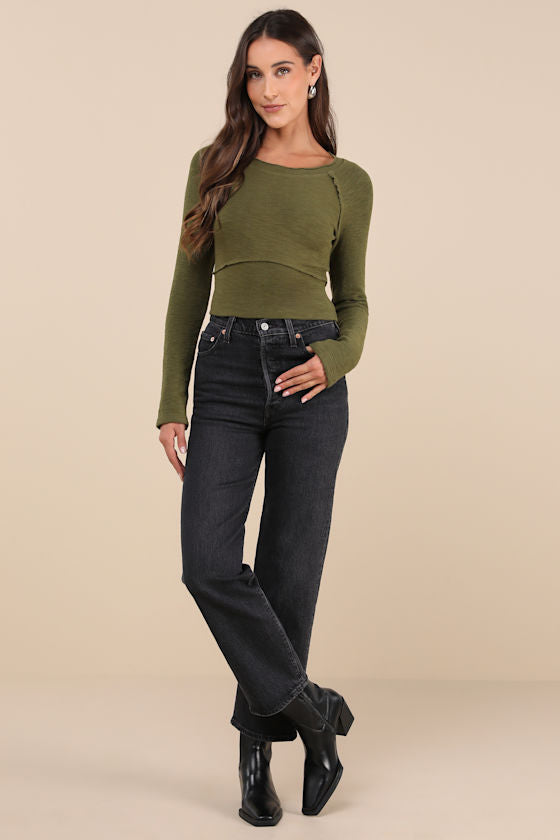 Easy Energy Olive Green Knit Raglan Sleeve Crop Top