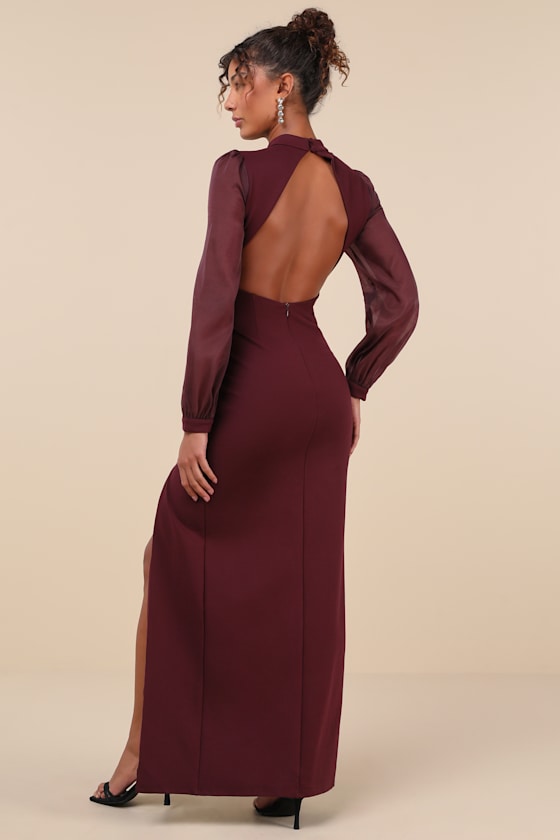 Seeking Sophistication Plum Backless Balloon Sleeve Maxi Dress