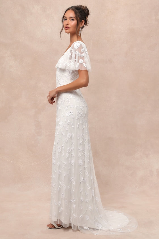 Safiya White Sequin Flutter Sleeve Maxi Dress