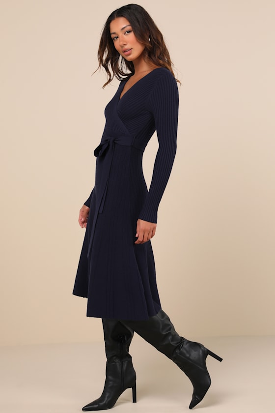 Warm Emotions Navy Blue Skater Midi Sweater Dress