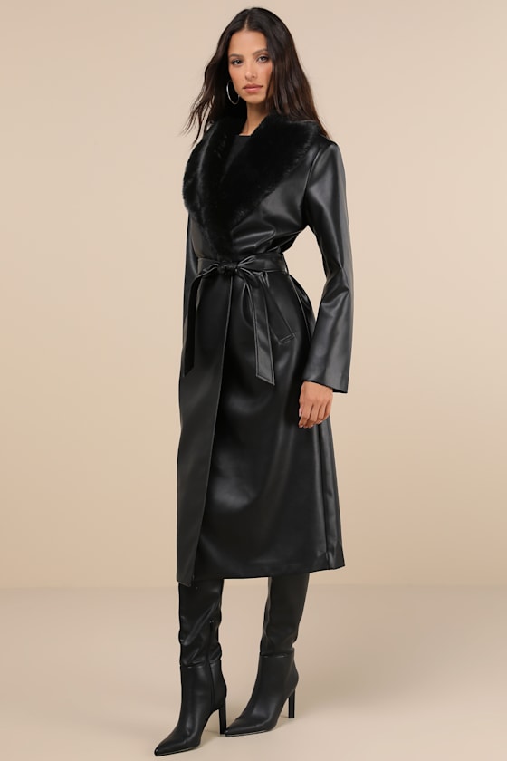 Iconic Experience Black Vegan Leather Faux Fur Trench Coat