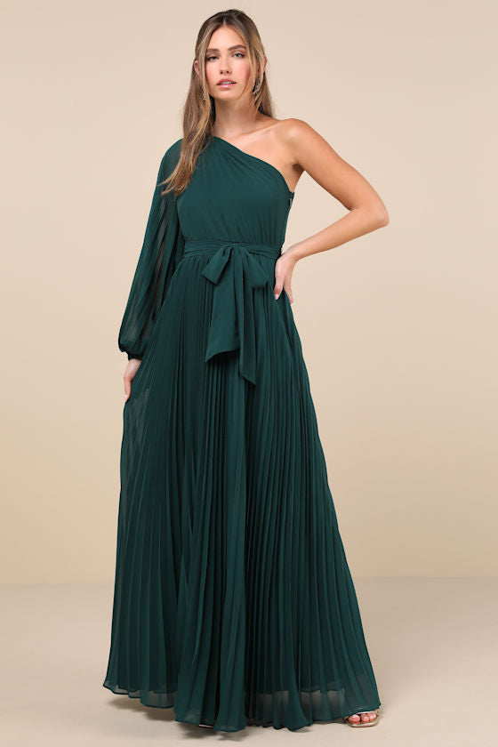Divine Charm Green Pleated One-Shoulder Maxi Dress
