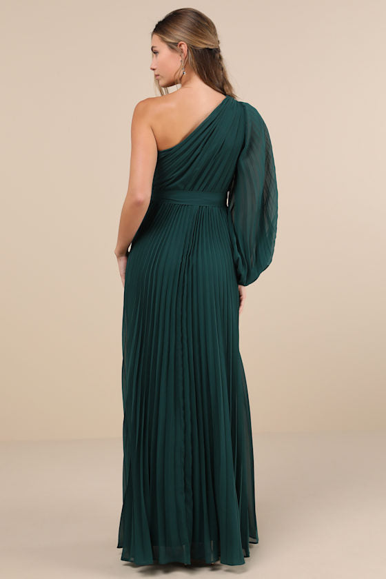 Divine Charm Green Pleated One-Shoulder Maxi Dress
