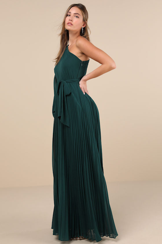 Divine Charm Green Pleated One-Shoulder Maxi Dress