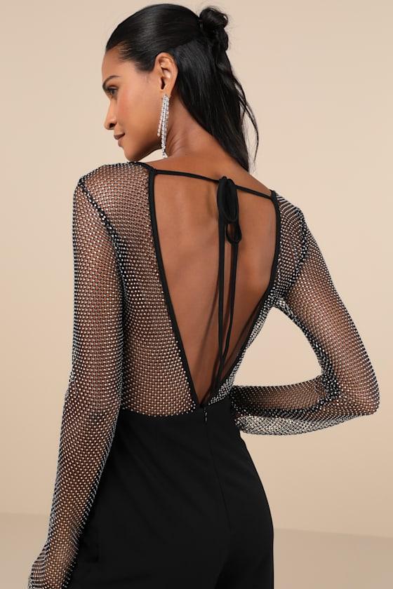 Beyond Glamorous Black Fishnet Rhinestone Jumpsuit