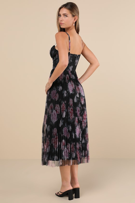 Alluring Invite Black Floral Pleated Bustier Midi Dress