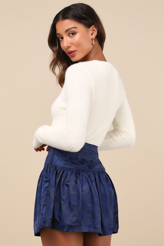 Sensational Approach Navy Blue Satin Jacquard Mini Skirt