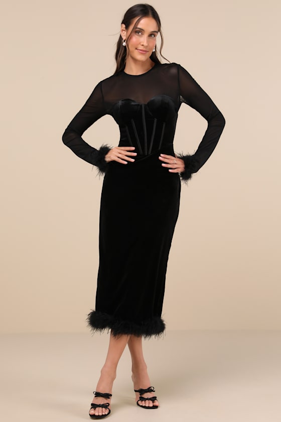 Sensational Situation Black Velvet Feather Bustier Midi Dress