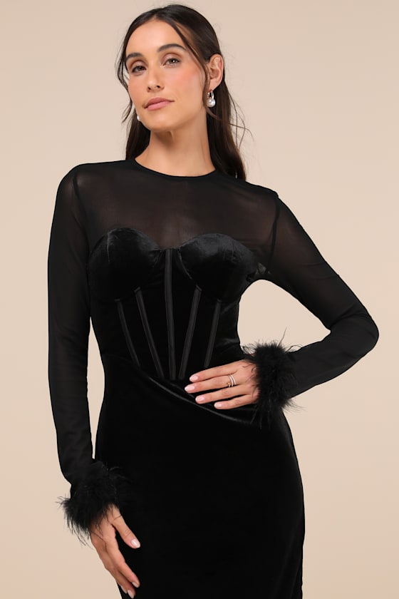 Sensational Situation Black Velvet Feather Bustier Midi Dress