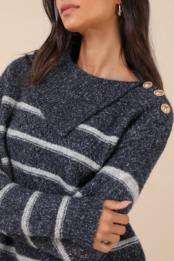 Cozy Warmth Navy Blue Marled Striped Sweater