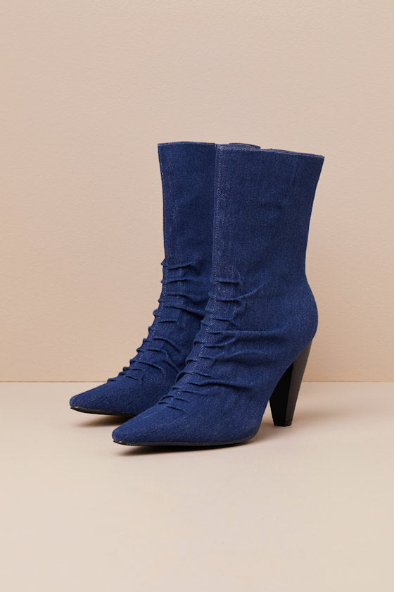 Klint Denim Ruched Pointed-Toe Ankle Boots