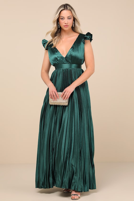 Exceptional Drama Emerald Satin Lace-Up Pleated Maxi Dress