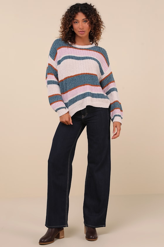 Coziest Cuddles Ivory Multi Striped Chenille Sweater