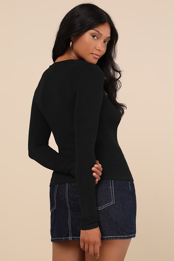 Flirty Little Secret Black Ribbed Cutout Long Sleeve Top