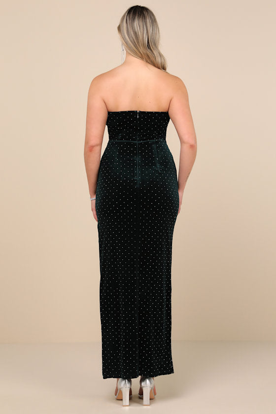 Dreamy Choice Dark Green Rhinestone Strapless Maxi Dress