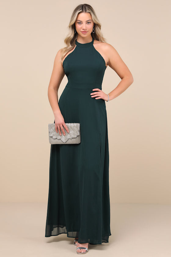 Confidently Charismatic Emerald Backless Halter Maxi Dress