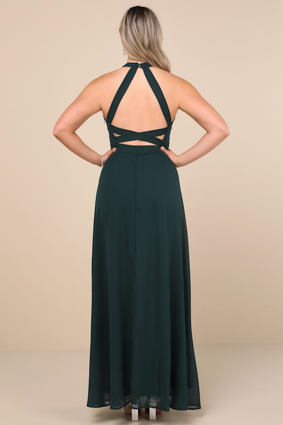 Confidently Charismatic Emerald Backless Halter Maxi Dress