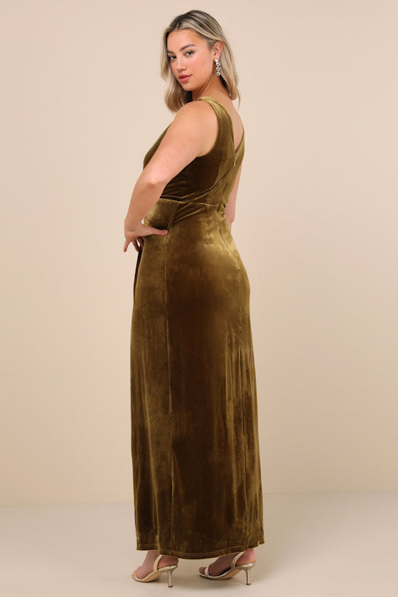 Beautiful Evenings Olive Green Velvet Twist-Front Maxi Dress