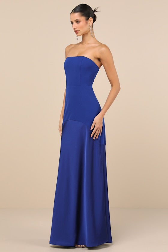 Compelling Style Royal Blue Strapless A-Line Maxi Dress