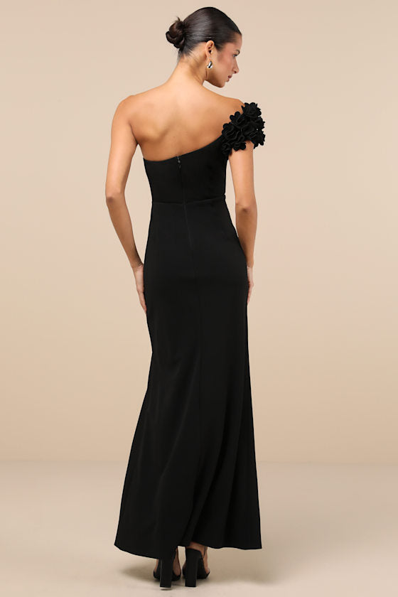 Beyond Elegant Black 3D Floral One-Shoulder Maxi Dress