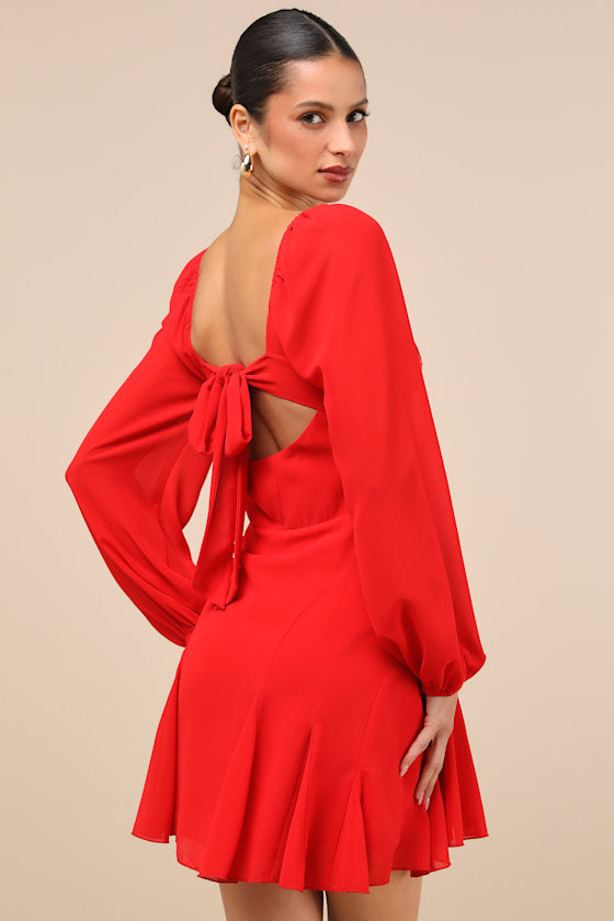Excellent Presence Red Long Sleeve Tie-Back Mini Dress