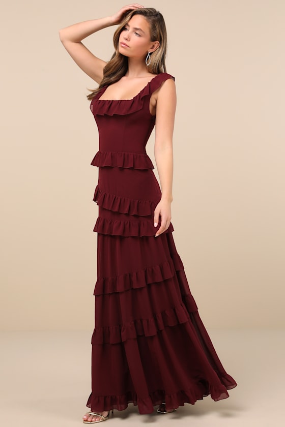 Compelling Romantic Burgundy Ruffled Tiered Maxi Dress