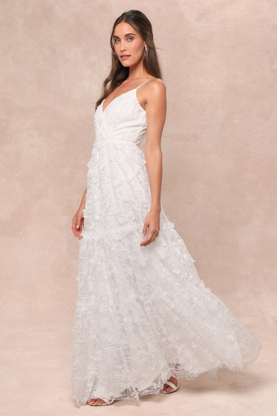 Adoringly Yours White Tiered 3D Floral Maxi Dress