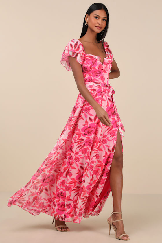 Sensationally Sweeter Bright Pink Floral Ruffled Maxi Dress