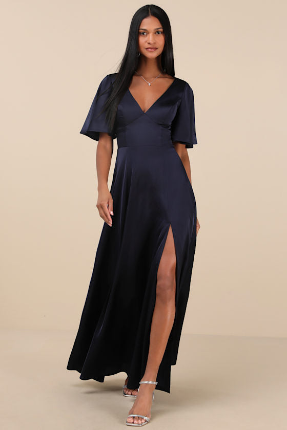 Elegant Confidence Navy Satin Flutter Sleeve Cutout Maxi Dress