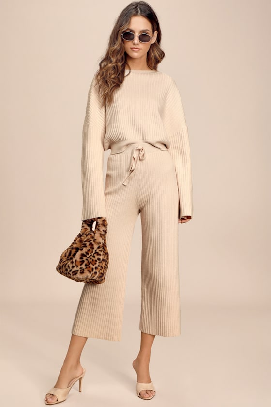 Snuggly Style Cream Ribbed Knit Wide-Leg Pants