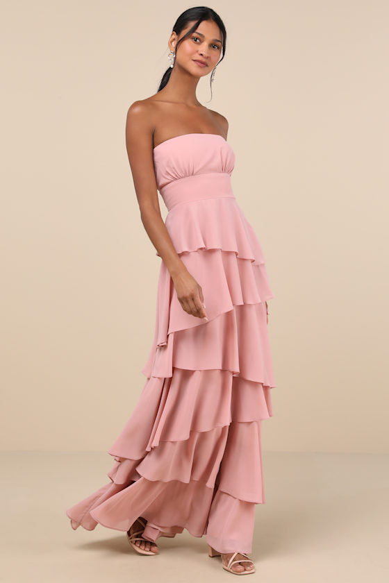 Gorgeous Essence Blush Strapless Tiered Maxi Dress