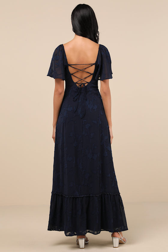 Tailor Made For You Dark Navy Jacquard Lace-Up Maxi Dress