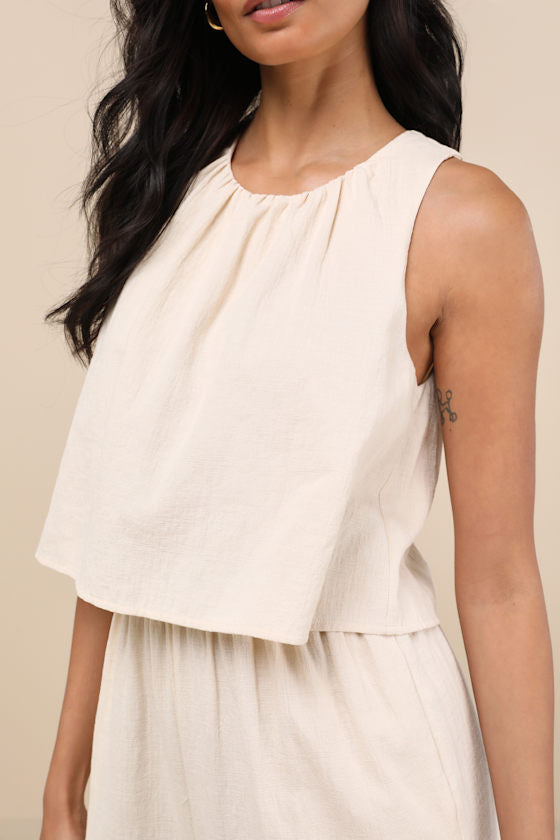 Breezy Sophistication Beige Textured Wide-Leg Jumpsuit