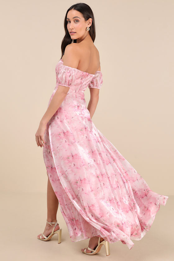 Idyllic Charisma Light Pink Floral Off-the-Shoulder Maxi Dress