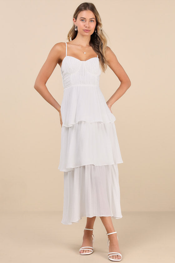 Cascading Crush White Tiered Bustier Midi Dress