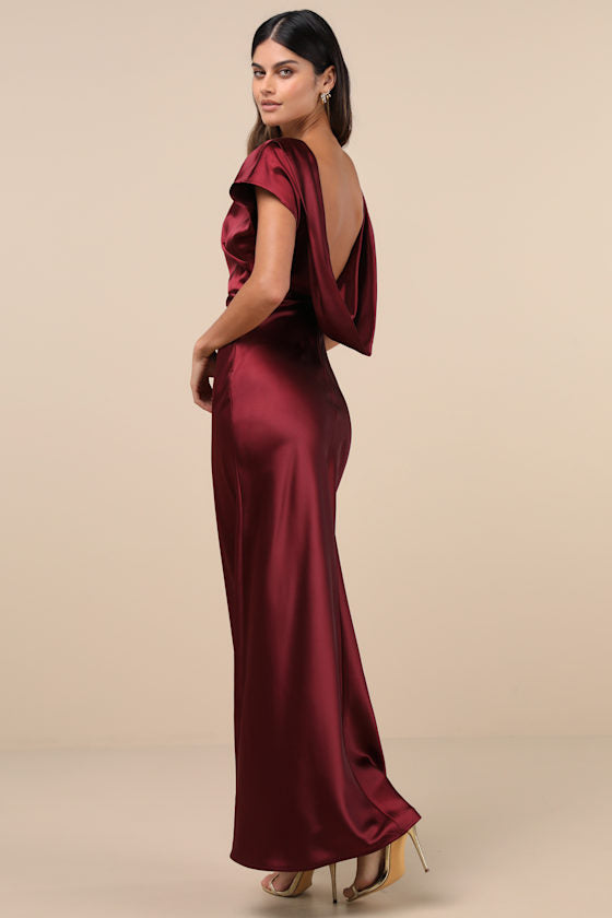 Captivating Presence Wine Red Satin Cowl Back Maxi Dress
