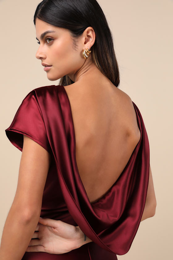 Captivating Presence Wine Red Satin Cowl Back Maxi Dress