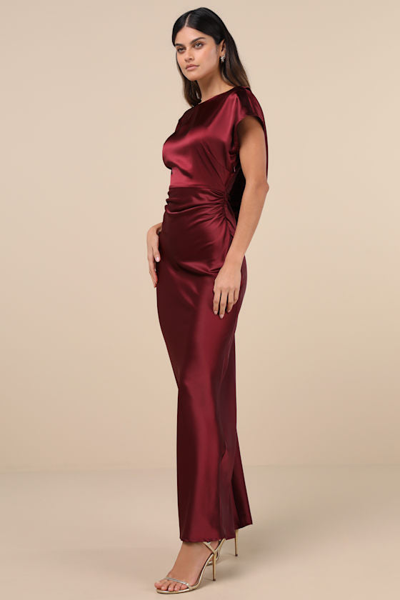 Captivating Presence Wine Red Satin Cowl Back Maxi Dress