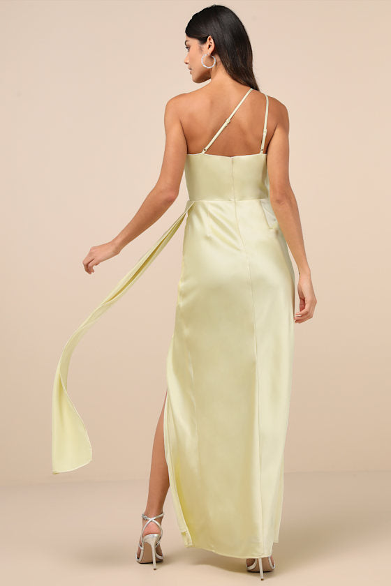 Signature Elegance Pale Yellow Satin One-Shoulder Maxi Dress