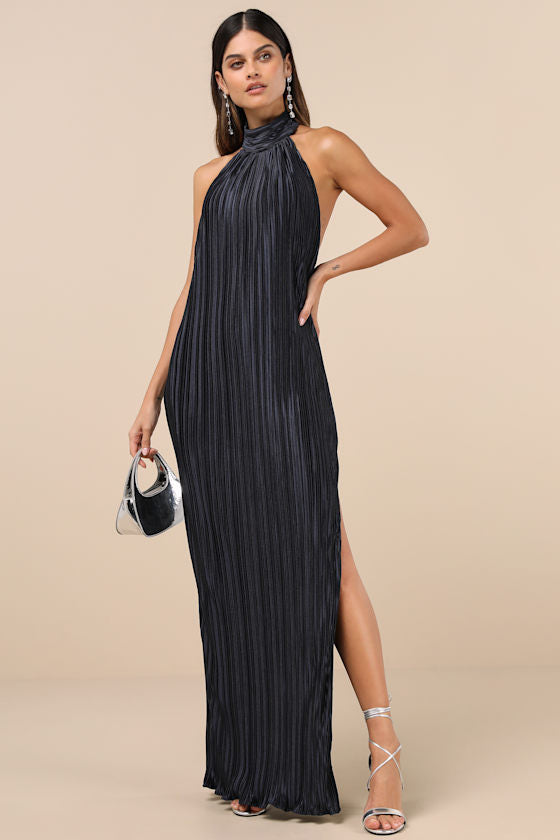 Gwenny Dark Navy Satin Plisse Maxi Dress