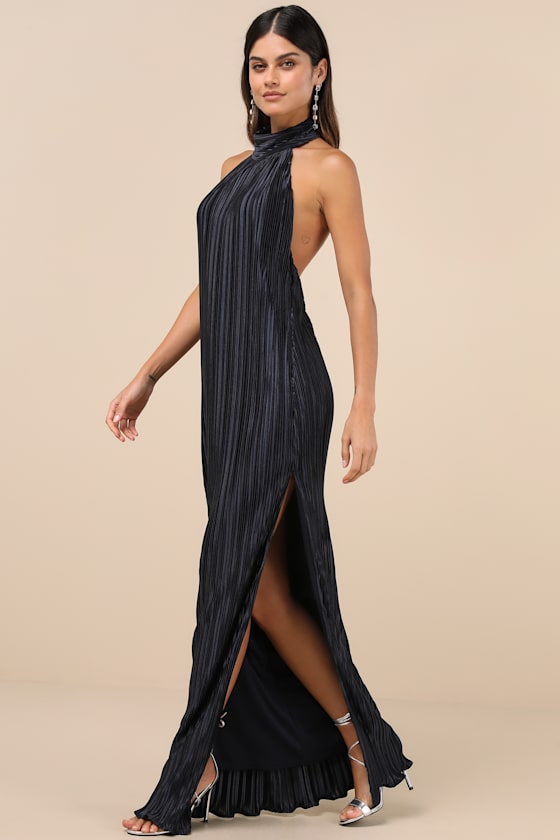 Gwenny Dark Navy Satin Plisse Maxi Dress