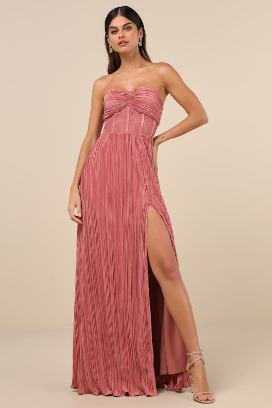 Desme Rose Pink Satin Plisse Strapless Maxi Dress
