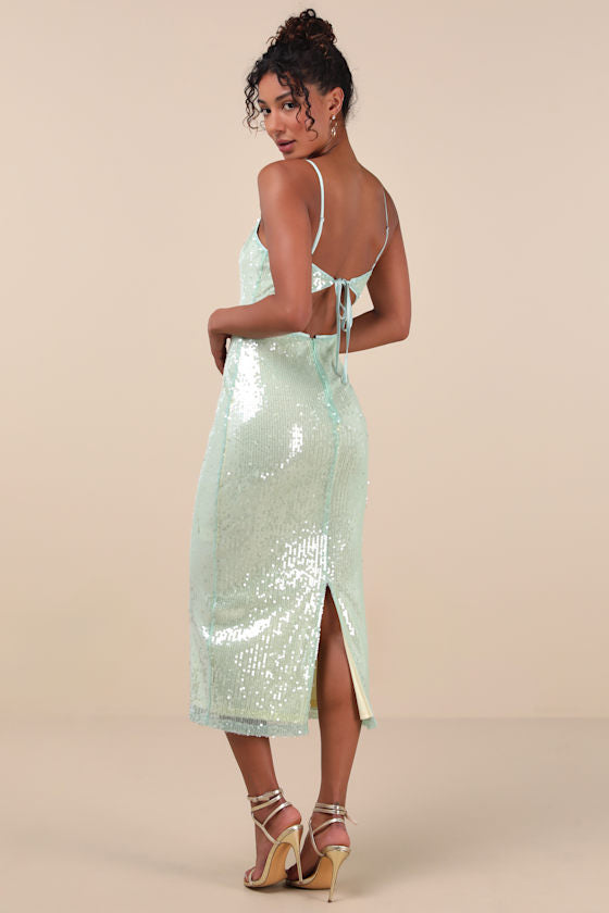 Cahya Mint Green Sequin Tie-Back Midi Dress