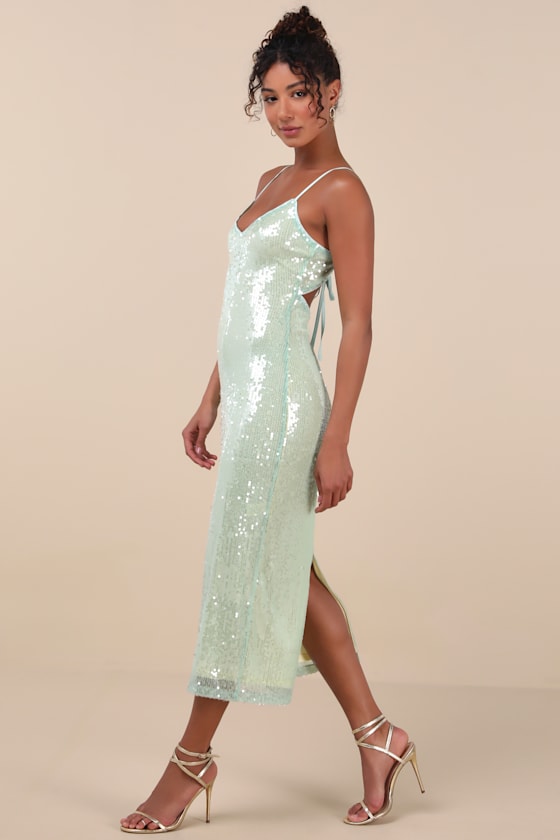 Cahya Mint Green Sequin Tie-Back Midi Dress
